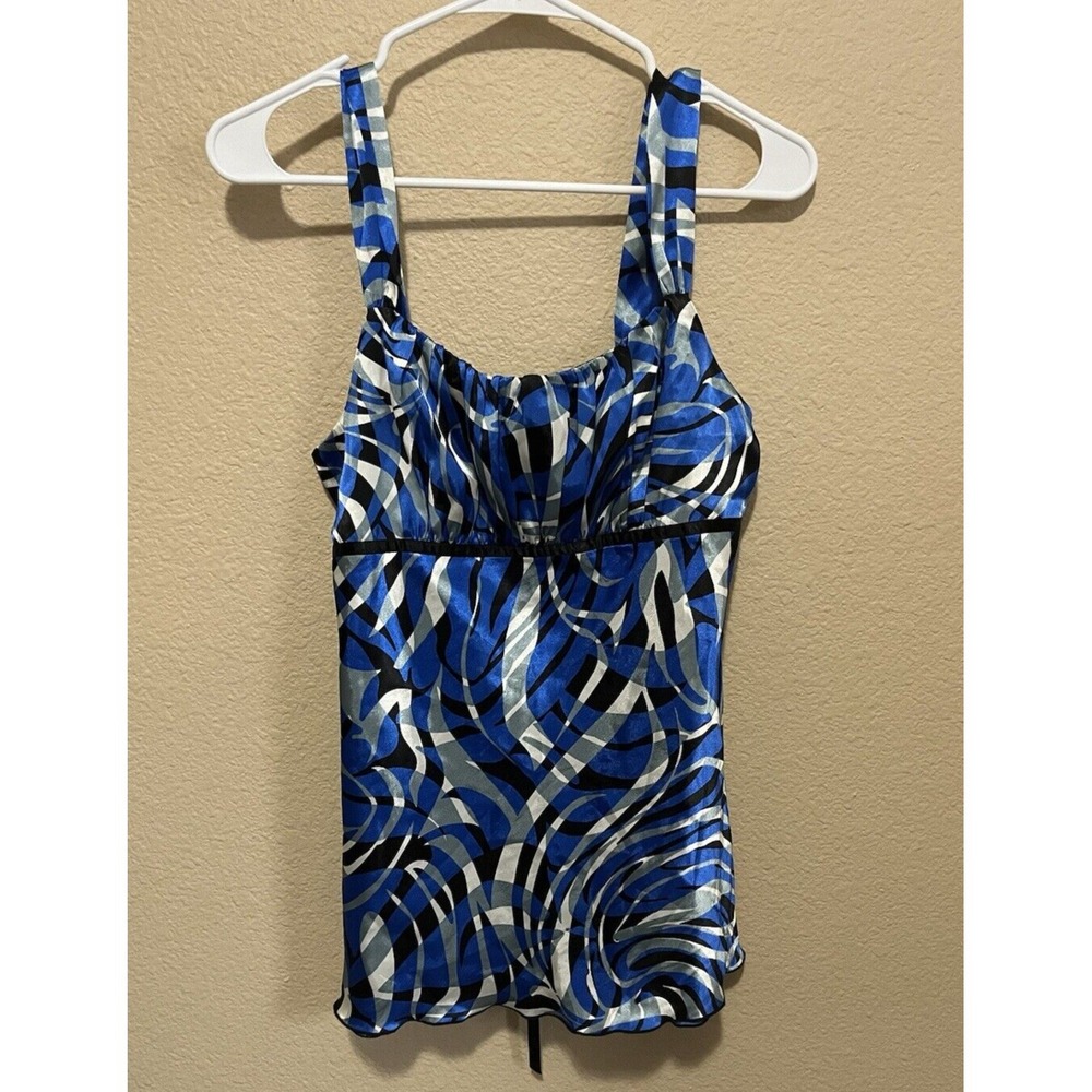 Y2K Satin Milkmaid Tank Top Shirt Medium Blue Retro Black Sleeveless